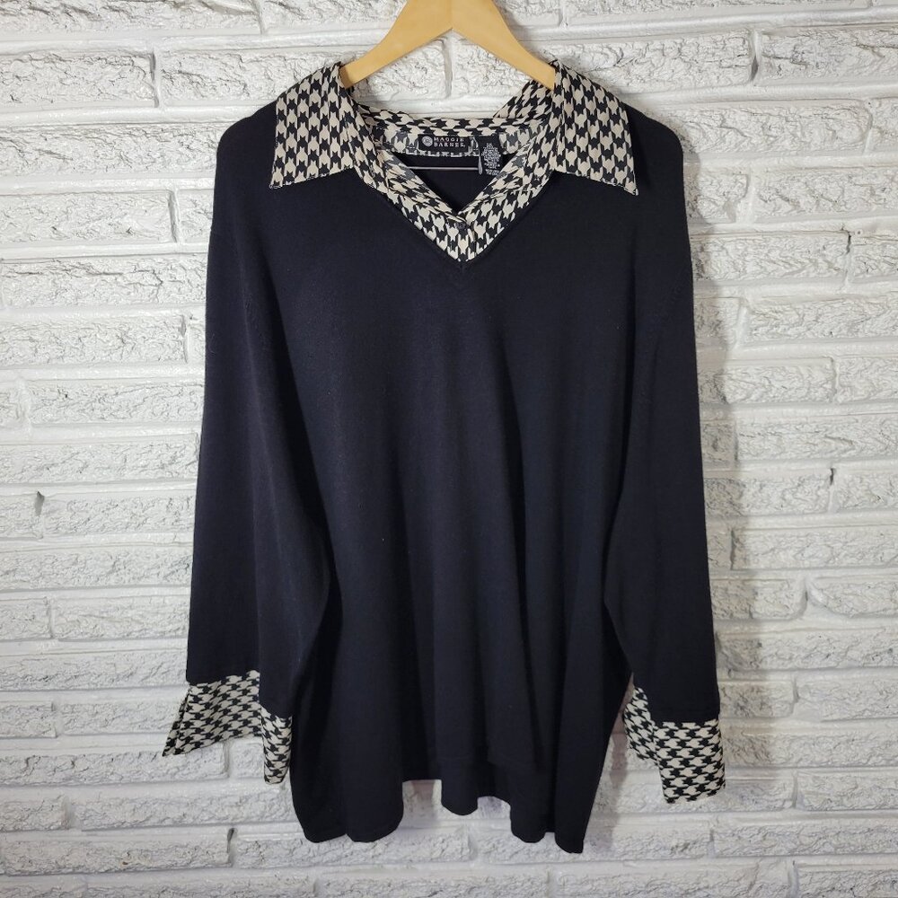 Maggie Barnes Womens 5X Top Black Geometric 1/4 Button 3/4 Sleeve BLA141E